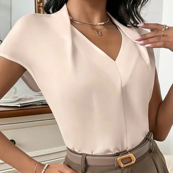 Shirred V Neck Solid V Neck Blouse, Elegant Short Sleeve Top - Black - Picture 7 of 11